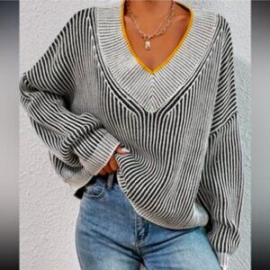 Black and White Striped V-Neck Sweater